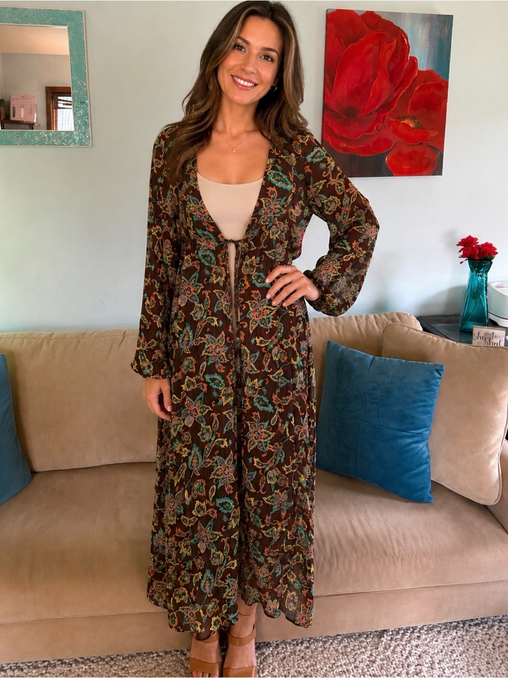 Moda International Long Floral Brown 100% Silk Kimono Duster Cardigan Size M Med
